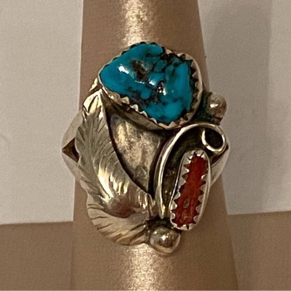 R CHEE VINTAGE NAVAJO STERLING SILVER RING RED BRANCH CORAL TURQUOISE SIZE 7 USA
